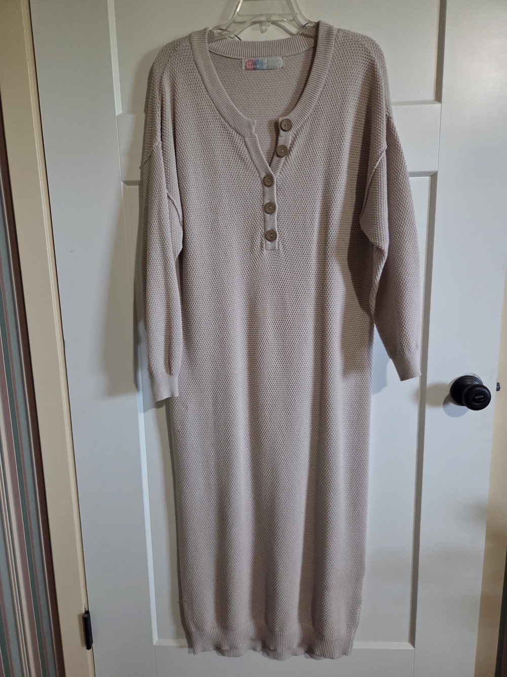 Button Henley Waffle-Knit Sweater Dress in Light Beige